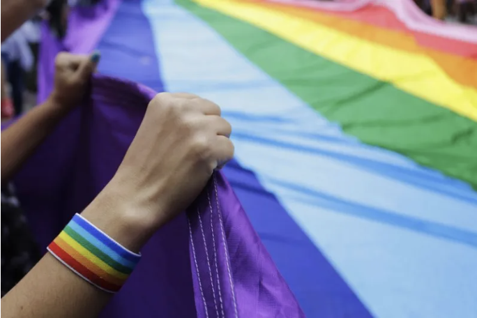 Person holding a LGBTQ flag