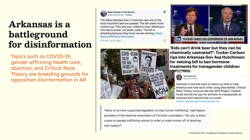 Screenshot from Disinformation in Arkansas presentation: "Arkansas is a battleground for disinformation."